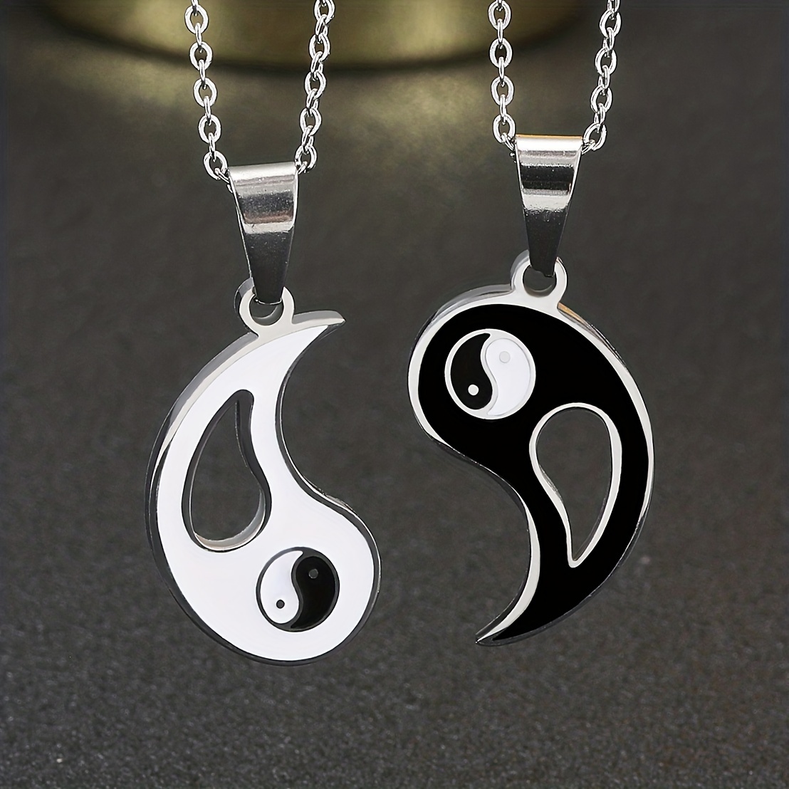 Yin Yang Puzzle Matching Pendant Necklace Couples Stainless Steel Enamel